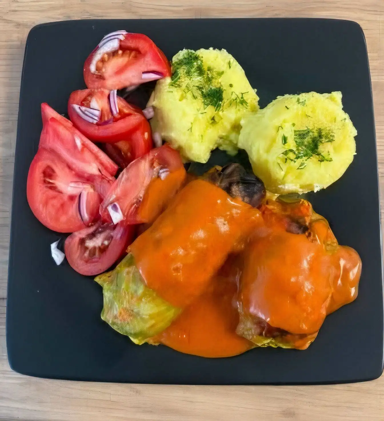 Mięso z ziemniakami, pieczoną papryką i świeżym pomidorem