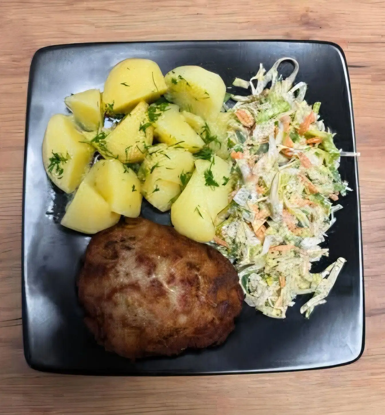 Kotlet mielony z ziemniakami i surówką z białej kapusty na czarnym talerzu